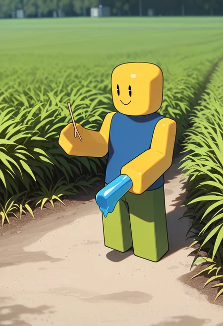 masterpiece, best quality, amazing quality, very aesthetic, absurdres, newest,
outdoors, holding slushie, straw,
noob, solo, smile, colored skin, yellow skin, 1boy, yellow block arms, green block legs, round head, , closed mouth, blue shirt, green pants, solid oval eyes, sleeveless,
