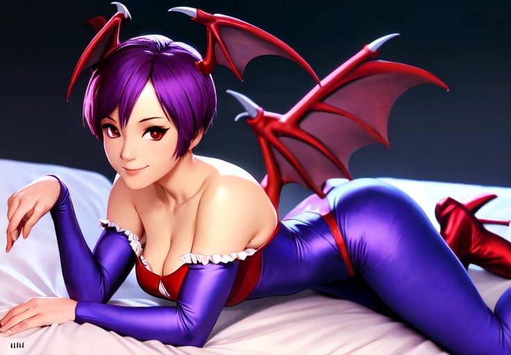 sfw, <lora:darkstalkers_lilith:0.8>, darkstalkers_lilith, seductive smile, lay on bed, (seductive, alluring, charming:1.3), seductive, (ultra-high res, high details, absurdres:1.3)