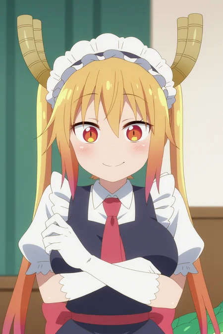 1girl,solo,tohru,mature,horns,twintails,fang,maid headdress,smile,gloves,whites gloves,dragon horns,tail,dragon girl,split pupils,looking at viewer,indoors,upper body