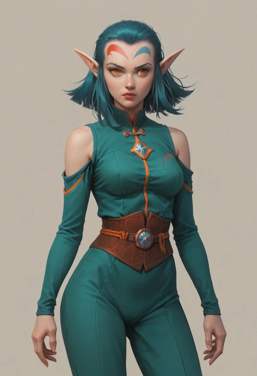 score_9, score_8_up, score_7_up, Shimy, turquoise hair, short hair, forehead tattoo, two-toned forehead tattoo, red and turquoise forehead tattoo, turquoise clothes, adult, elf, medium breasts, 1girl, orange eyes, solo, grey background, shoulder cutout, long legs, fit, curvy, wide hips, orange eyes,