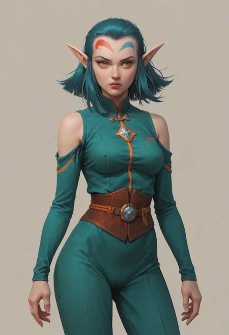 score_9, score_8_up, score_7_up, Shimy, turquoise hair, short hair, forehead tattoo, two-toned forehead tattoo, red and turquoise forehead tattoo, turquoise clothes, adult, elf, medium breasts, 1girl, orange eyes, solo, grey background, shoulder cutout, long legs, fit, curvy, wide hips, orange eyes,