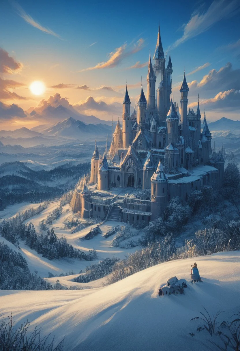 score_9, score_8_up, score_7_up, source_anime, horizon, field, sun, blue sky, snow castle, snowy, disney style, fantasy, medieval, (swirling sky, sandswirl)