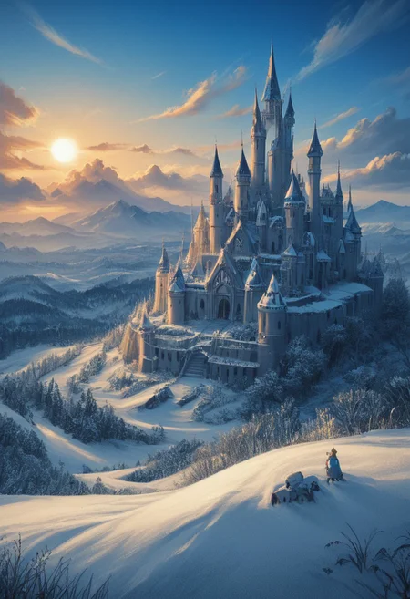 score_9, score_8_up, score_7_up, source_anime, horizon, field, sun, blue sky, snow castle, snowy, disney style, fantasy, medieval, (swirling sky, sandswirl)