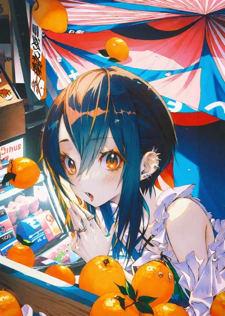 , by wanke, by hata, by ninomae by yogisya,
1girl in a lively marketplace. She explores colorful stalls filled with exotic fruits, her eyes wide with curiosity. A gentle breeze ruffles her hair as she samples a piece of fruit, her expression a mix of delight and wonder
extremely beautiful detailed piercing eyes,
masterpiece, best quality, high quality, highres, absurdres, very detailed, high resolution, sharp, sharp image, 8k, vivid, colorful, stunning, anime