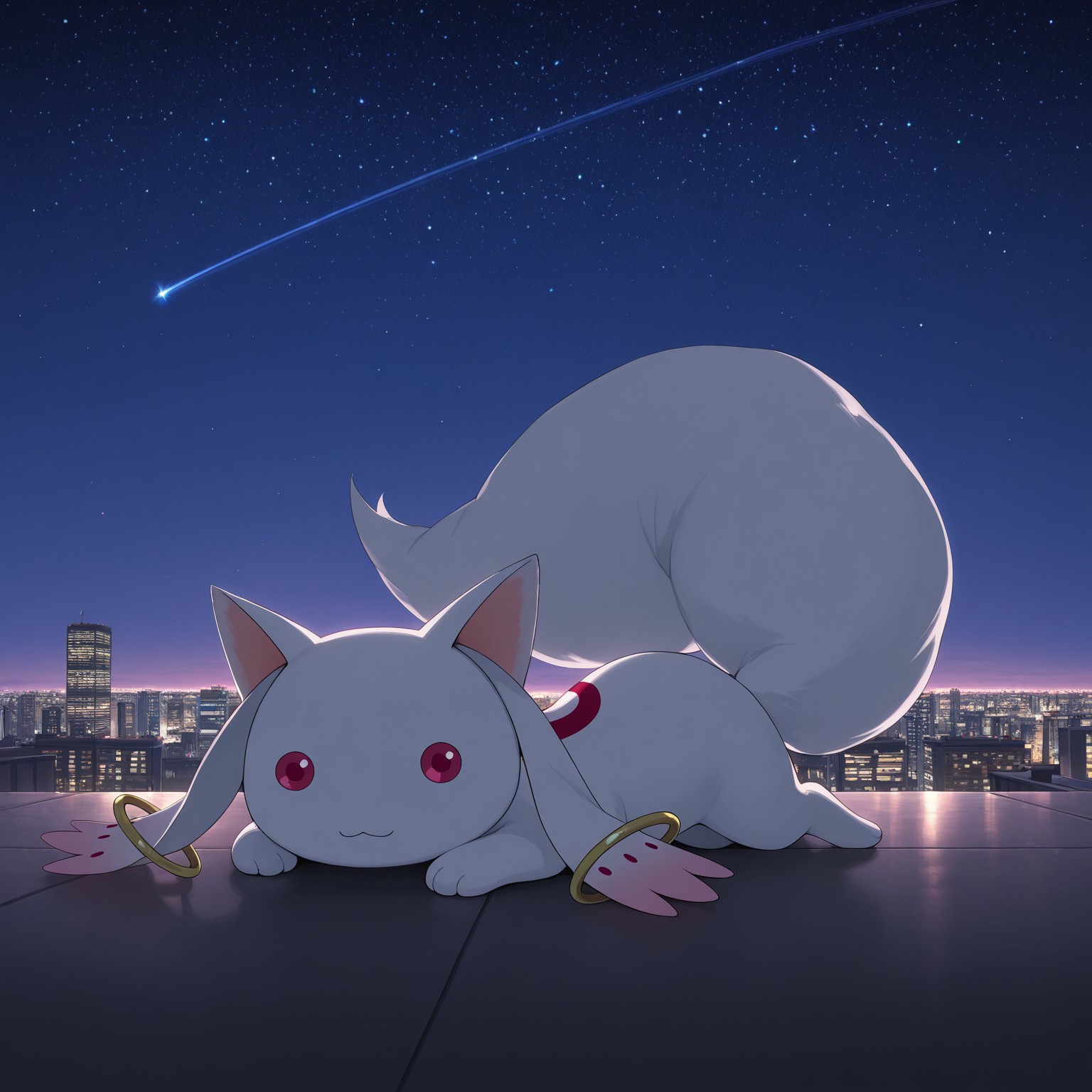 Kyubey, 2D, solo, 1boy, male, feral, creature, four ears, pointy cat ears, pink inner ears, long ears with pink fade, golden rings on ears, white fur, red eyes, no sclera, circular eyes, large white tail, :3

BREAK ontop of building, city, night sky, stars in sky, lying down, looking out into the scenery

BREAK best quality, amazing quality, very aesthetic, absurdres, newest, masterpiece, detailed, high quality, highres