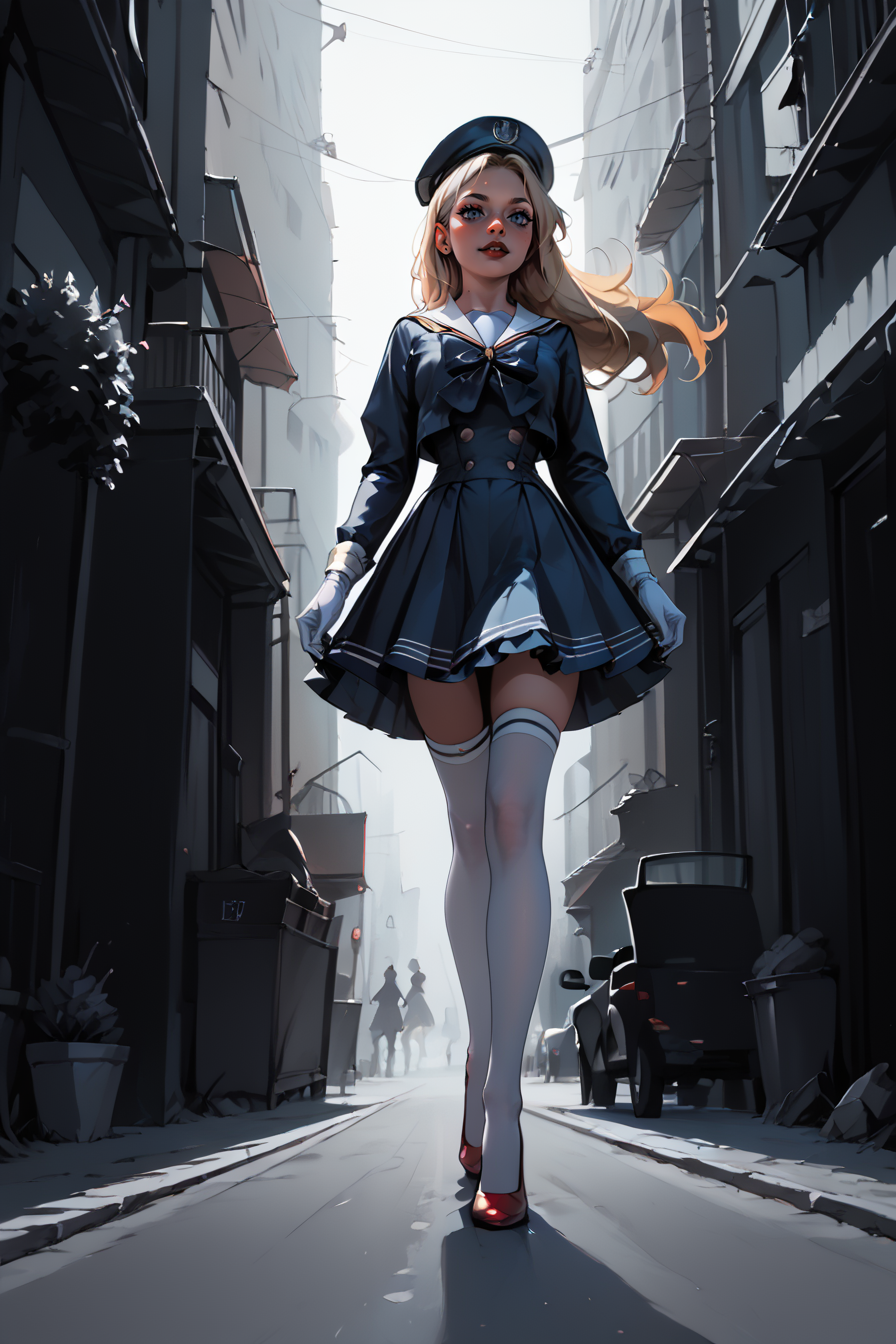 1woman, sexy, petite, skinny legs, long hair, blonde hair, <lora:Sailor:1> Jed-Salr, Navy Blue Mini Dress, White Trim,  White Sailor Collar,  Nautical Stripes,  White Thigh-High Stockings, Red Heels, Sailor Hat,  White Gloves, Sailor Cuffs, White Petticoat, walking on a coastline, viewer looking from below, upskirt,, score_9, score_8_up, score_7_up, score_6_up, score_5_up, score_4_up, <lora:K040790P:0.4> 040790P, woman, 24 years old, <lora:Breast Slider - Pony_alpha1.0_rank4_noxattn_last:1>, (tiny waist, flat stomach, narrow hips), <lora:Aesthetics_Enhancer_pony:0.8> EnhanceImage, <lora:GRIM_v1:1>  greyscale, monochrome, limited palette, horror (theme), eldritch abomination, chaotic, silhouette,