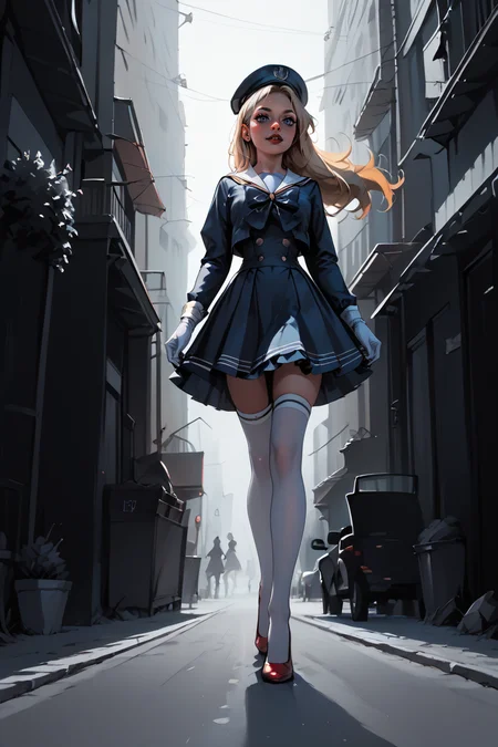 1woman, sexy, petite, skinny legs, long hair, blonde hair, <lora:Sailor:1> Jed-Salr, Navy Blue Mini Dress, White Trim, White Sailor Collar, Nautical Stripes, White Thigh-High Stockings, Red Heels, Sailor Hat, White Gloves, Sailor Cuffs, White Petticoat, walking on a coastline, viewer looking from below, upskirt,, score_9, score_8_up, score_7_up, score_6_up, score_5_up, score_4_up, <lora:K040790P:0.4> 040790P, woman, 24 years old, <lora:Breast Slider - Pony_alpha1.0_rank4_noxattn_last:1>, (tiny waist, flat stomach, narrow hips), <lora:Aesthetics_Enhancer_pony:0.8> EnhanceImage, <lora:GRIM_v1:1> greyscale, monochrome, limited palette, horror (theme), eldritch abomination, chaotic, silhouette,