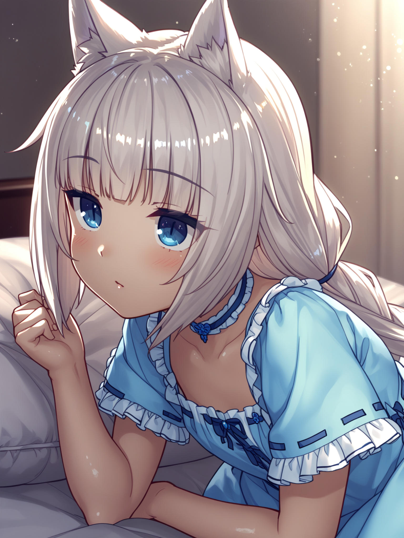 <lora:happy_tentacle-vanilla-v0.1-000010:0.9>, ht_vanilla, nightgown, blue dress, frilled dress, short sleeves, ribbon-trimmed sleeves, choker, bedroom , 1girl, solo, portrait , jitome , (drunk:0.8) , , looking up , , from side , score_9, score_8_up, score_7_up, score_6_up, score_5_up, score_4_up