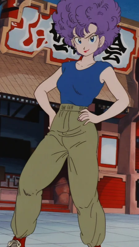 source_anime, masterpiece, best quality, amazing quality, anime screencap, high quality, 8k, absurdres, official style, 1girl, solo, looking at viewer, standing, smile, hand on hip, <lora:Ranfan_iL:1>, r4nf4n, blue eyes, afro, short hair, purple hair, 21st WT, blue shirt, sleeveless, green pants, sneakers, red footwear, makeup, lipstick,
