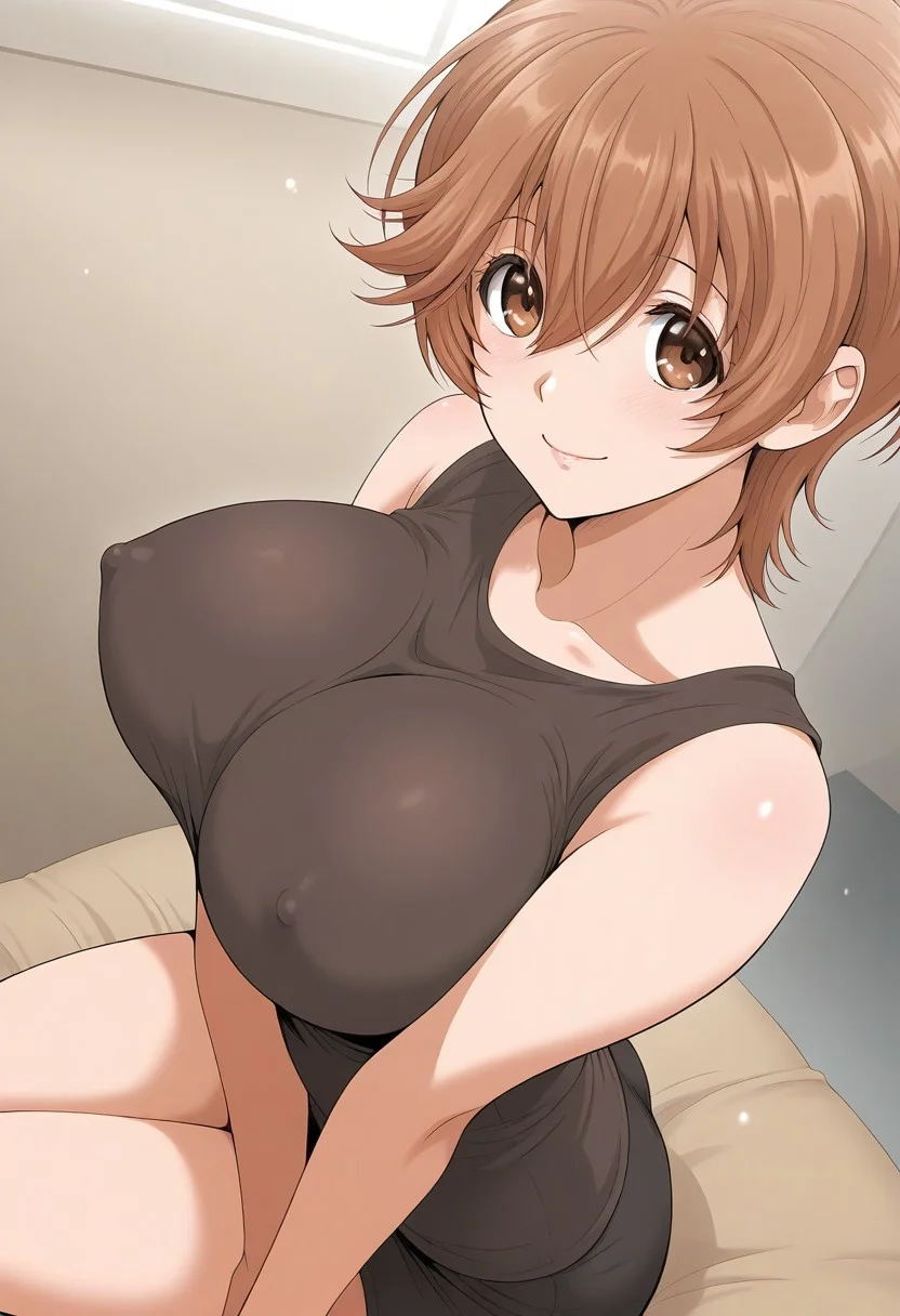 score_9, score_8_up, score_7_up, source_anime,(extremely detailed CG), (best quality), brown eyes, brown hair, smile,
large breasts, covered nipples, short hair, misato