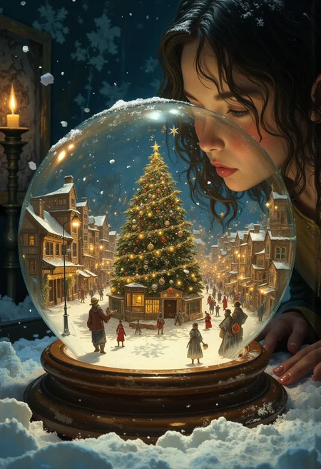 A magical winter scene of a quaint small-town street at Christmas, encapsulated inside a glistening snow globe. From a street-level perspective, snow gently falls onto the festive streets, lined with cozy shops adorned with twinkling lights, garlands, and holiday decorations. A towering Christmas tree, glowing with ornaments and golden light, dominates the town square as townsfolk in winter attire stroll, laugh, and admire the tree inside the snow globe. The edges of the snow globe are visible, its curved glass surface catching reflections of the town’s lights and distorting them slightly, reminding the viewer of the encapsulated world within.
Outside the globe, a colossal face of a young girl stares into the snow globe with curiosity, her expression alive with fascination as she gazes at the miniature town. Her warm breath lightly fogs the glass in places, adding realism to the interaction. Outside the snow globe, it is a dark and empty bedroom, with candlelight flickering in the background. Hyper-detailed, cinematic, and immersive, blending whimsical nostalgia with fantasy, focusing on the globe as the centerpiece.