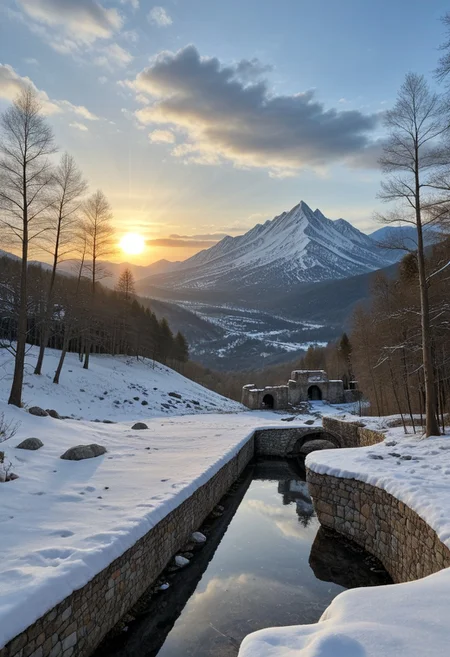 (ruins, broken, snow, dappled sunlight:1.2), sun, tree, forest, scenery, rock, reflection, ancient, overgrown, mountains, sunset, clouds, mountainous horizon, fantasy, medieval, 1other, looking away (masterpiece, exceptional, best aesthetic, best quality, masterpiece, extremely detailed:1.2), in the style of umempart
 (8k uhd:1,4)
 <lora:add-detail-xl:1>
 <lora:Dynamic Poses:1>
