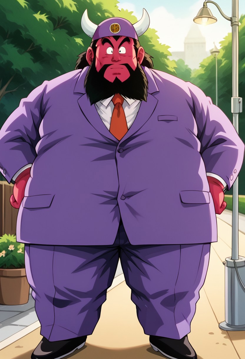 1boy, solo, big body, fat, large build, heavyset, big head, bearded, black beard, thick eyebrows, wide eyes, red skin, human features, obese, big eyes, small pupils, black eyes, focused gaze, short black hair, messy hair, black hair, 4k, extreme quality, masterpiece, best quality, highly detailed, detail background, purple hat, two horns on hat, logo on hat, purple suit, business suit, formal suit, white shirt, red tie, human hands, thick fingers, black shoes, formal shoes, detail decoration, detailed lighting, dof, looking at viewer, leaning against a streetlamp, crossing his arms, looking at the sky, with a rainy city street and umbrellas around him.