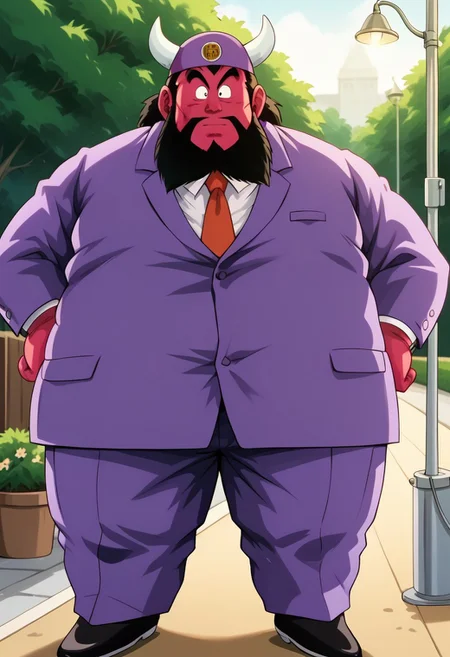 1boy, solo, big body, fat, large build, heavyset, big head, bearded, black beard, thick eyebrows, wide eyes, red skin, human features, obese, big eyes, small pupils, black eyes, focused gaze, short black hair, messy hair, black hair, 4k, extreme quality, masterpiece, best quality, highly detailed, detail background, purple hat, two horns on hat, logo on hat, purple suit, business suit, formal suit, white shirt, red tie, human hands, thick fingers, black shoes, formal shoes, detail decoration, detailed lighting, dof, looking at viewer, leaning against a streetlamp, crossing his arms, looking at the sky, with a rainy city street and umbrellas around him.