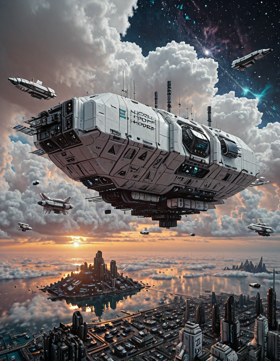 <lora:Space_Worlds_Minis_3v2:1> swminis3all, Test1, photo, realistic, reflection, kanji, white, science fiction, above sea, outdoors, spaceship, sunset, mountains, blue sky, mothership, cyberpunk city in the clouds, mist, soft hyperspace,
