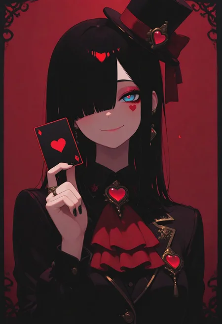 masterpiece, best quality, amazing quality, highres, 1girl, solo, long hair, looking at viewer, smile, blue eyes, shirt, long sleeves, hat, holding, closed mouth, jewelry, upper body, earrings, collared shirt, hand up, nail polish, hair over one eye, black shirt, fingernails, ascot, makeup, facial mark, ring, black nails, gem, brooch, one eye covered, top hat, red theme, mini hat, card, dark, tilted headwear, playing card, heart \(shape\), holding card, heart \(shape\), maroon theme, ace \(playing card\), club \(shape\), diamond \(gemstone\), ace of spades, GTHAN, glowing, xxx667_illu, <lora:illustriousXL_stabilizer_v1.23:0.3> <lora:NOOB_vp1_detailer_by_volnovik_v1:0.3> <lora:ponyv6_noobE11_2_adamW-000017:0.45> <lora:XXX667:0.5> <lora:GTHAN-IL:0.8>