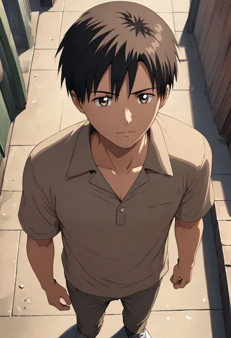high resolution, solo, best quality, 1Boy, Takaki Toono, Brownish Hair, Brown Eyes, casual, seen from above, gangster, dominant, intimidate, OverallDetail