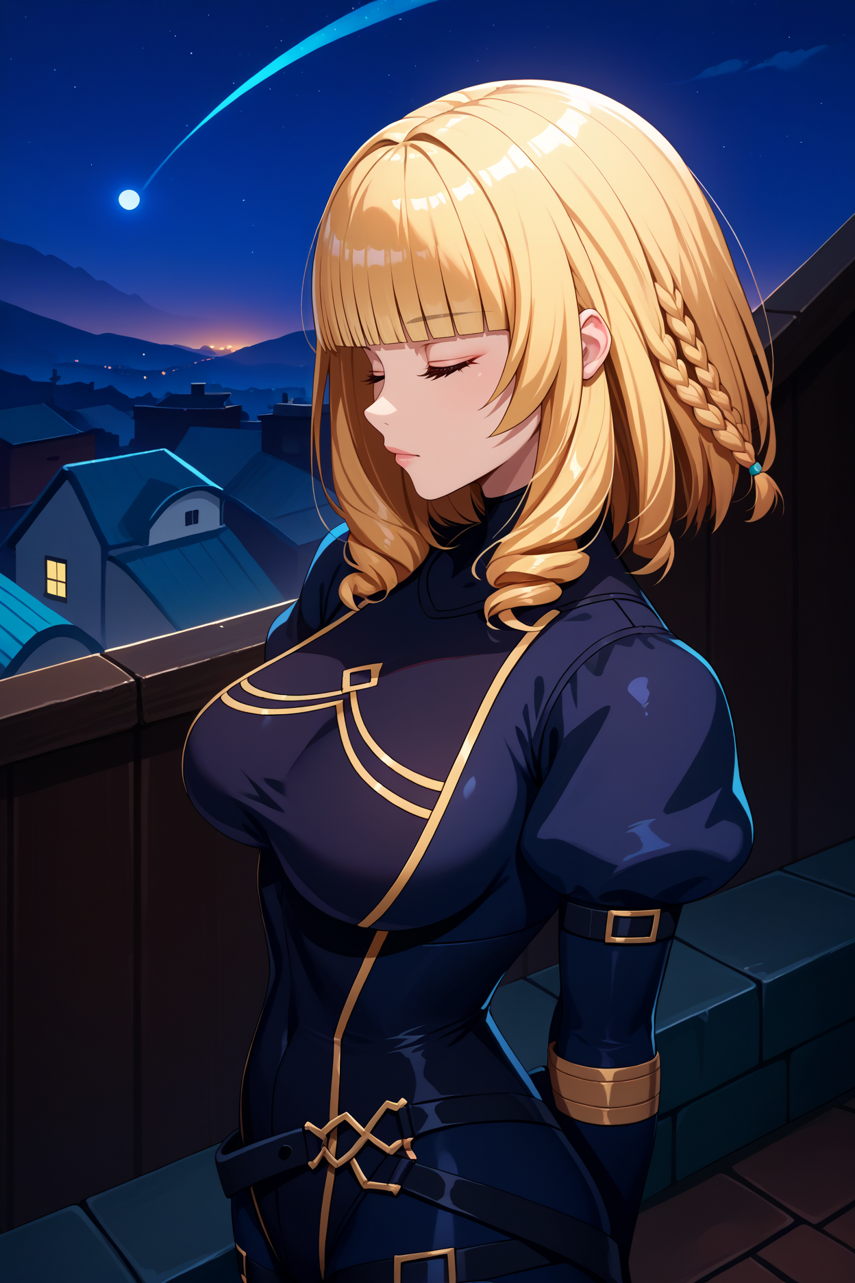 score_9, score_8_up, score_7_up, score_6_up, source_anime, 1girl, solo, <lora:roseoriana-pdxl-nvwls-v1-000006:1> r0se, blonde hair, medium hair, braid, blunt bangs, brown eyes, black bodysuit, puffy sleeves, black belt, black gloves, thigh strap, big breasts, closed eyes, profile, arms behind back, night, rooftop