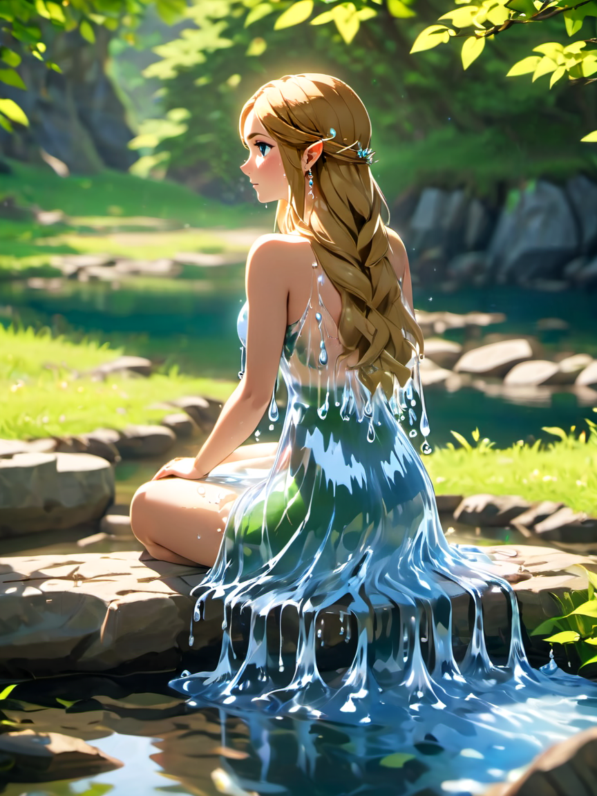 Legend of Zelda style beautiful woman wearing a (water dress) Sitting in LâAnse aux Meadows National Historic Site, <lora:xl_water_dress-1.0:0.8>, 
Steadicam Shot, from behind, [full body],
 . Vibrant, fantasy, detailed, epic, heroic, reminiscent of The Legend of Zelda series