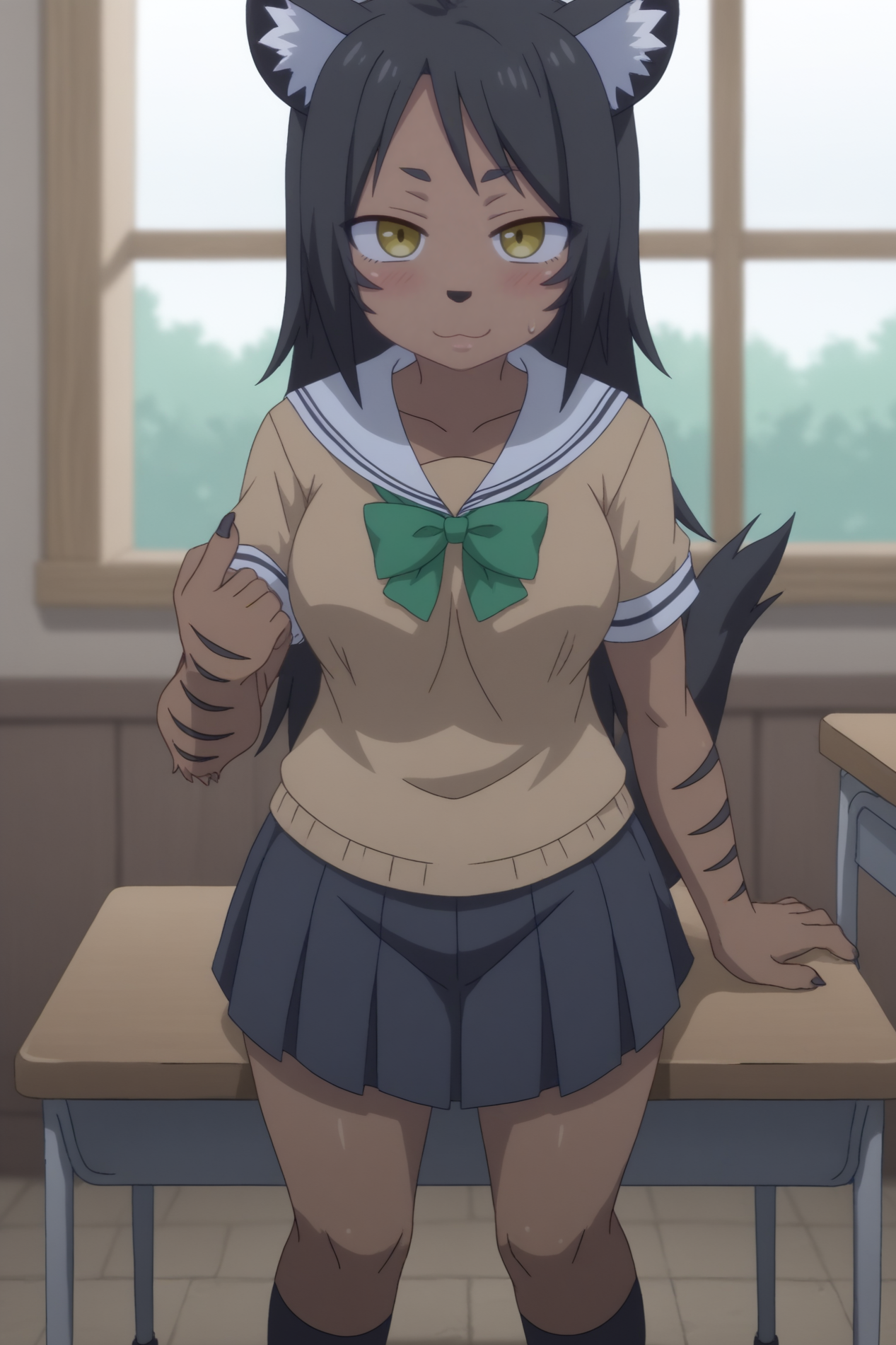 MeowGirlA, smile, anime coloring,  rating_all, indoors, School Idol Uniform <lora:Ishuzoku_Reviewers-MeowGirlA-PDXL:0.8>