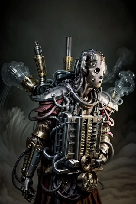 ((masterpiece,best quality)), absurdres, BREAK
mechanical arms, robes, hood, BREAK
((techpriest)), cyborg, mechanical face, mechanical limbs, gas mask, mechanical tentacles, (mechanical backpack), BREAK
1other, solo, holding pistol, firearm, handgun, pistol, gun, BREAK
factory background, smoggy sky, air pollution, smokestacks, BREAK
(mndsncybrmn)