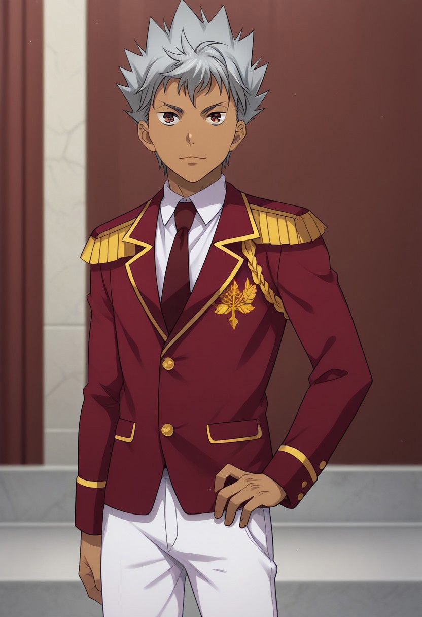 score_9, score_8_up, score_7_up, source_anime, highly detailed, 

kazuki, 1boy, male focus, solo, grey hair, spiked hair, brown eyes, dark skin, dark-skinned male, uniform, epaulettes, jacket, red jacket, shirt, white shirt, collared shirt, necktie, red necktie, pants, white pants,

indoor,