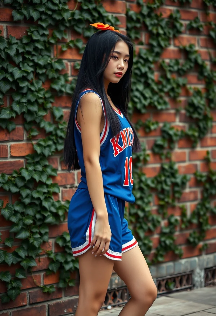 best quality, 4K,, 8k UHD, ultra-high resolution, ultra-high definition, highres, realistic, photorealistic, hyper realistic, highly intricate and detailed, absurd resolution BREAK, absurd res, 4K, beautiful woman , 25 year old girl standing in front of a brick wall covered in ivy, long black hair, wearing a sleeveless (((blue Knicks Jersey))),knicks logo on jersey, blue athletic shorts, orange hair bow, white sneakers, from angle, close up, medium breasts,