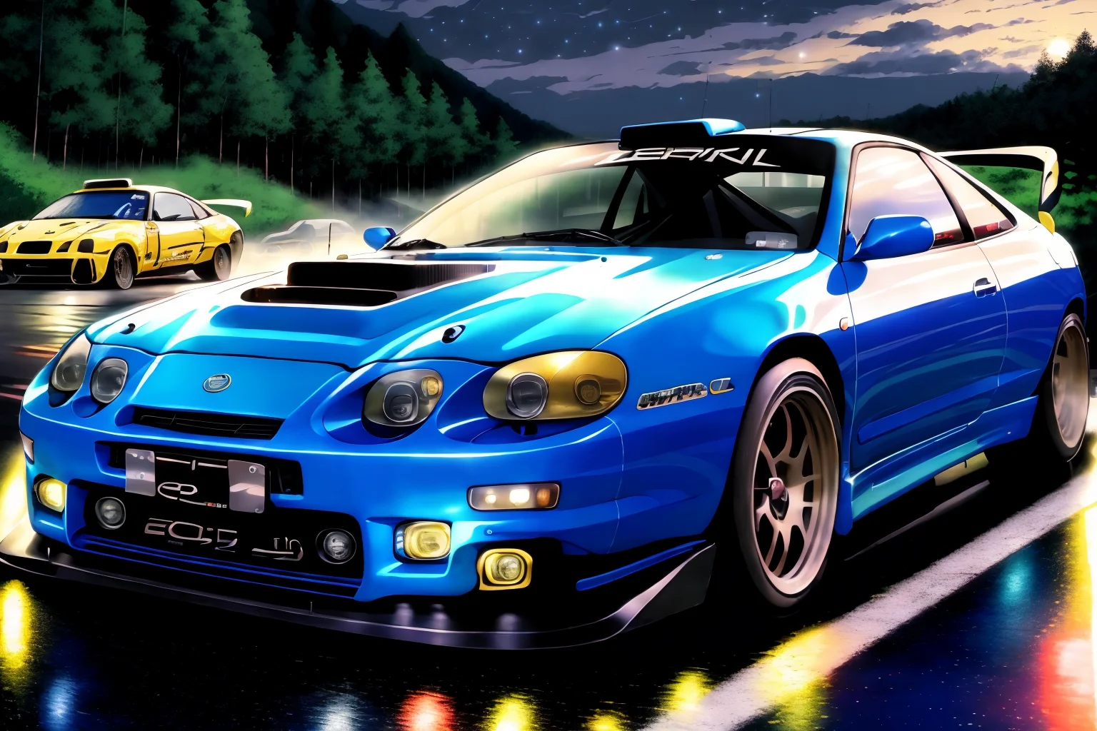 masterpiece,best quality,official art,extremely detailed CG unity 8k wallpaper,illustration, ((TUNED RALLY car)), bright, sports car, vehicle focus, road, ((need for speed)),((NFS)), moving, wet, (((NIGHT))),neon lights,drift,  <lora:CELICA6:0.8>, (CELICA6) <lora:urushisato:1> ((urushisato))