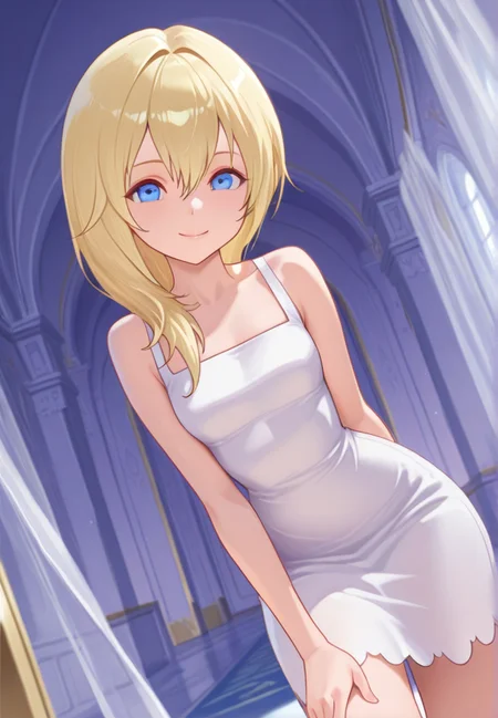 masterpiece, best quality, amazing quality, very aesthetic, absurdres, newest, detailed background, cowboy shot,indoors, curtains, palace, dynamic angle, dynamic pose
naminekh, 1girl, solo, blue eyes, blonde hair, long hair, hair between eyes, white dress, bare shoulders, sandals, looking at viewer, timid, smile, blushed,
<lora:Namine_-_Kingdom_Hearts_Illustrious:1>