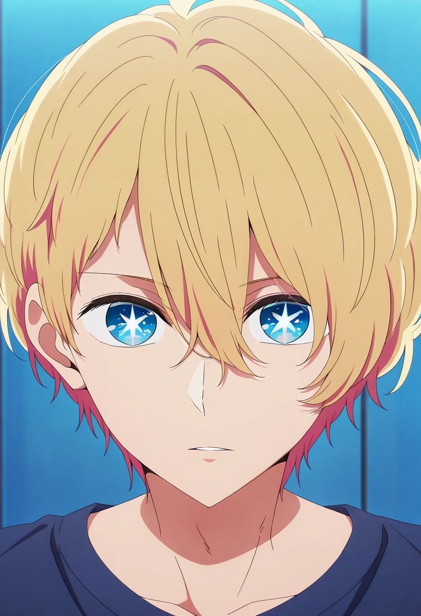 masterpiece, best quality, , anime screencap, anime coloring, official style, looking at viewer, 1boy, solo, male focus, <lora:aquamarine_hoshino_ilxl:1>, aquamarine_hoshino, blonde hair, blue eyes, bangs, hair between eyes, short hair, symbol-shaped pupils, star-shaped pupils, ,