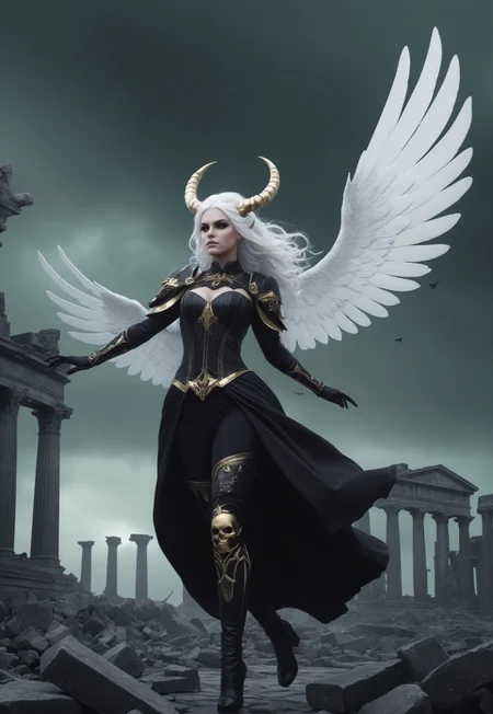 gw3nt1 of a digital illustration of a female character with white hair and horns on her head, flying through the air with her wings spread wide. She is wearing a black and white outfit with gold accents and is holding a skull in her right hand. The character appears to be in mid-air, with her left leg extended behind her and her right leg bent at the knee. The background is a dark and stormy sky with green and purple hues.\n\nIn the foreground, there are ruins of ancient buildings and ruins, with pillars and statues scattered throughout. The ruins are covered in rubble and debris, and there is a large explosion in the background. The overall mood of the image is dramatic and ominous
 (8k uhd:1,4)
 <lora:add-detail-xl:1>
 <lora:Dynamic Poses:1>