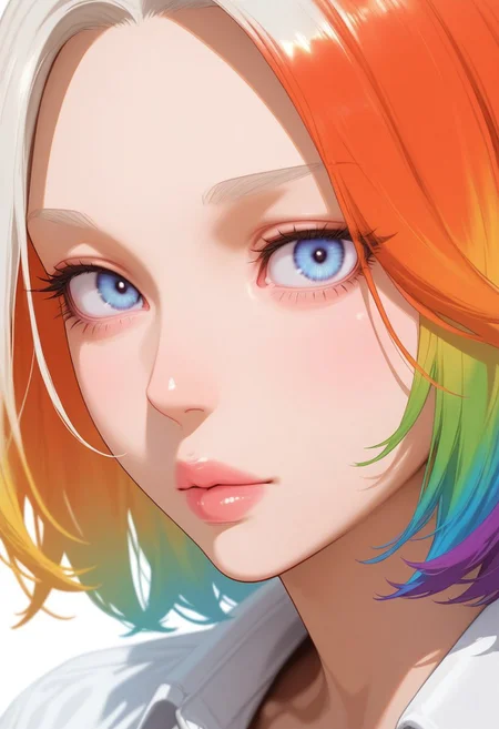 HDR, 8K, high contrast, masterpiece, best quality, amazing quality, very aesthetic, realistic, newest, volumetric lighting, (flat colors:1), no lineart, no outline, detailed, looking at viewer, 1girl, solo, chromatic aberration, rainbow hair, eye focus, think lips, pink lips, closed lips, full lips, white theme, limited palette, tenebrism, close up, depth of field