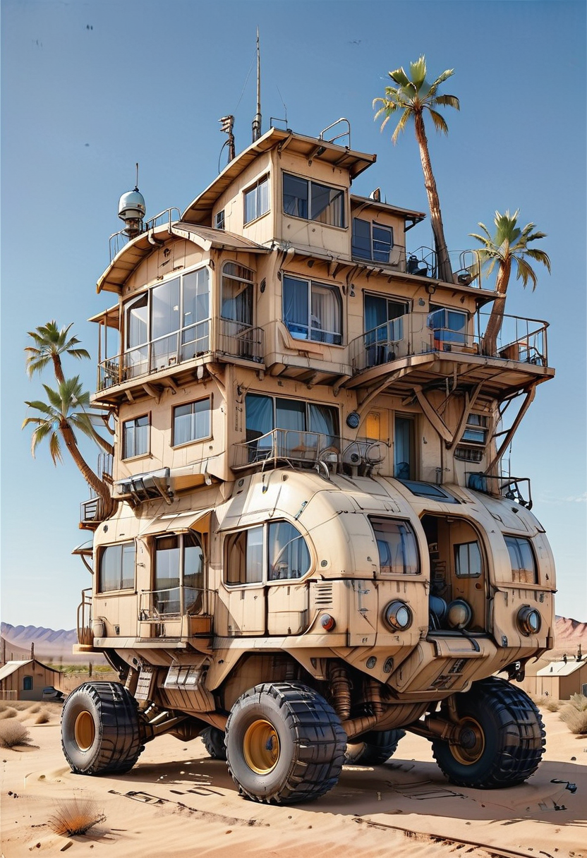 no humans, palm tree, ground vehicle, desert, vehicle focus, sand, motor vehicle, outdoors, science fiction, sky, radio antenna, building, wheeled vehicle, Tracked Vehicle, Traction City, beige paint, house
(ultra sharp focus:2), (detailed windows:2), (thin lines:2), 
(best quality:1.8),
<lora:Apparatus - Traction City Walkers Vehicles_epoch_11:0.8>