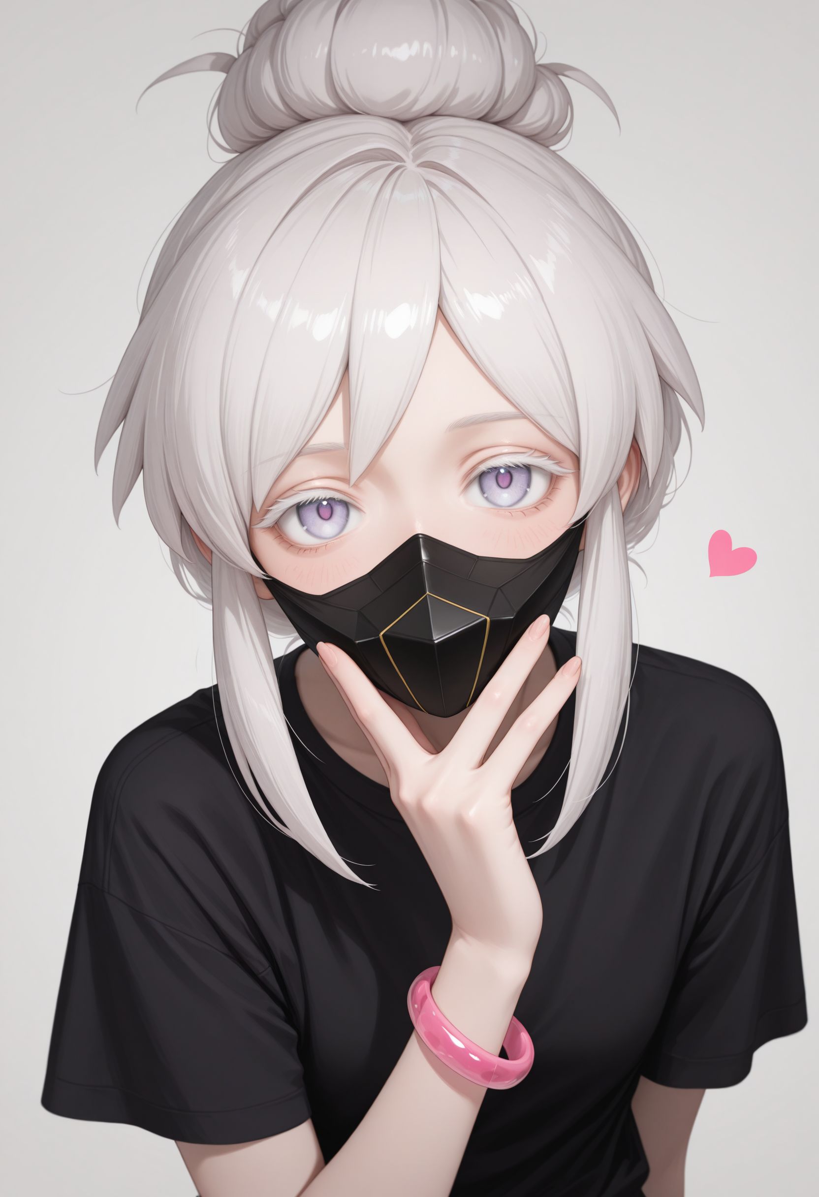masterpiece, best quality, newest, (realistic:0.5), solo, looking at viewer, 
 <lora:Deux illu:1>1girl, white hair, single hair bun, white eyelash, 
black shirt, mouth mask, 1girl, bracelet, white background, jewelry, simple background, blush, heart, t-shirt, looking at viewer, short sleeves, hair bun,  mouth mask, sidelocks, hand up, solo focus, short hair