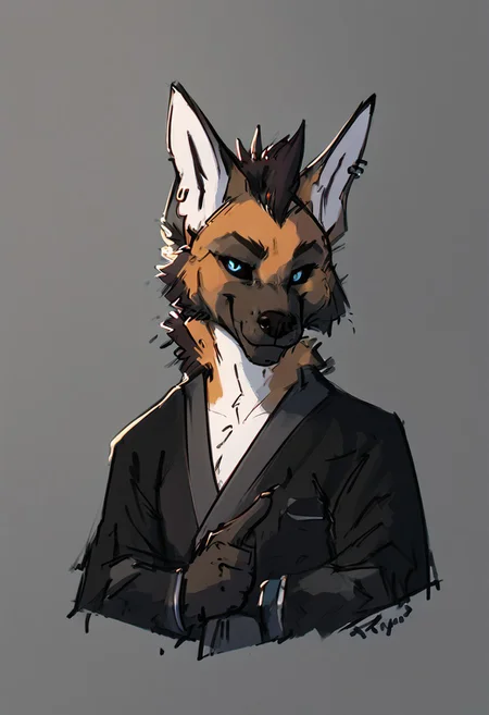 score_9, score_8_up, score_7_up, score_6_up, (maned wolf, male), solo, anthro, dark grey background, dim lighting, side lighting, pointing, looking left, smirk, (head tilt), portrait, waist-up, skinny, clothed, kemono, eastern clothing, dark clothing, sideburns, dark hair, black sclera, blue eyes, black mohawk mane, face piercings, ear piercings, wintertide