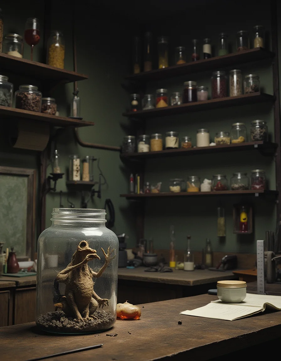 closeup photo monsters in a jar. Small but frightening and fierce creatures in the dark laboratory of a human mad scientist from 1955, orderly but full shelves line the walls with inscrutable tools and jars and test tubes filled with odd colored fluids and small alien objects. Jar of monsters in the foreground and lab space in the background.