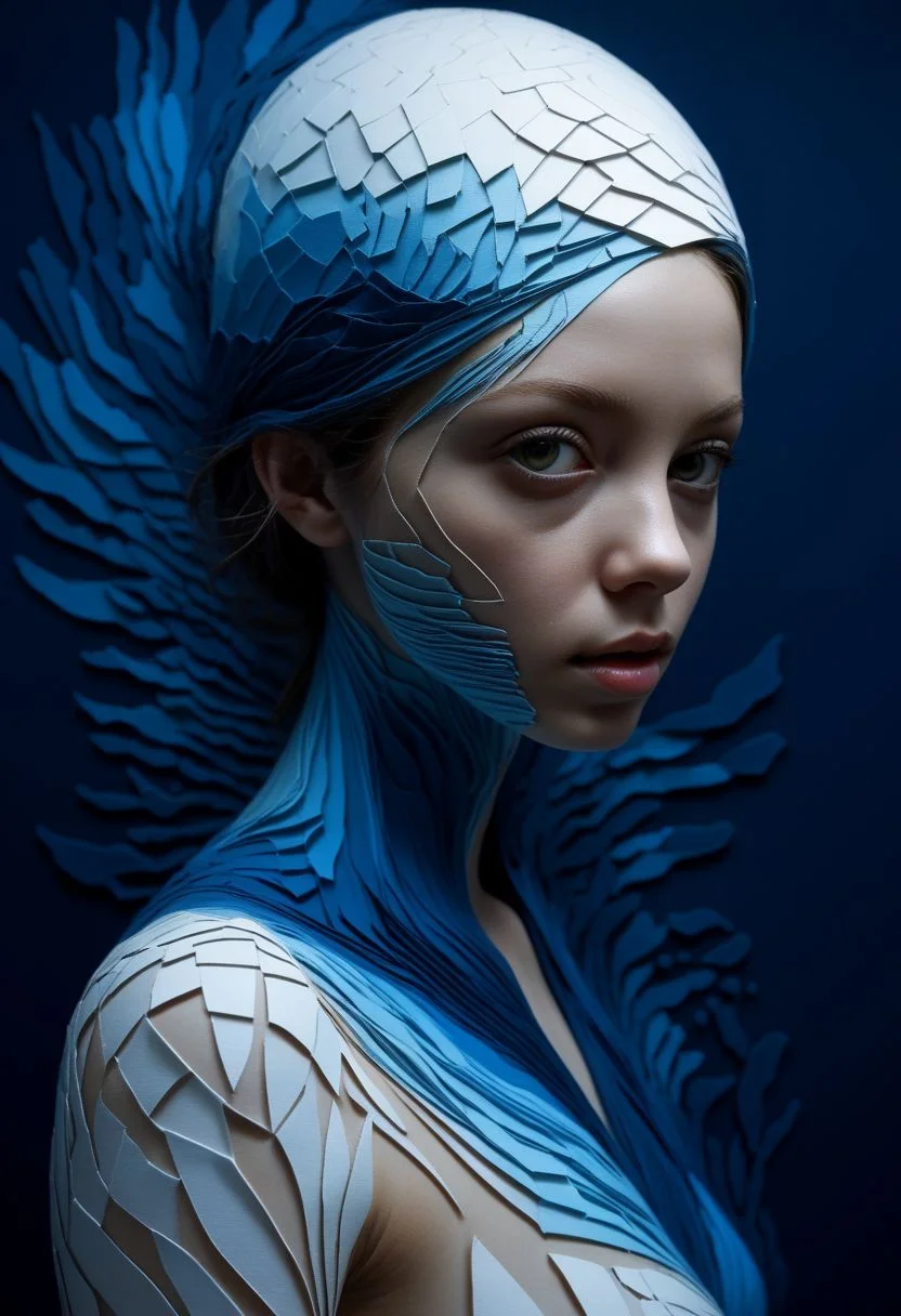 layered papercut, mysterious face, a exotic girl in artsy clothing, fading backlit background, (deep sea fading white to deep blue), alluring goddess, by Minjae Lee, Carne Griffiths, Emily Kell, Steve McCurry, Geoffroy Thoorens, Aaron Horkey, Jordan Grimmer, Greg Rutkowski, amazing depth, double exposure, surreal, geometric patterns, intricately detailed, bokeh, perfect balanced, deep fine borders, artistic photorealism , smooth, great masterwork by Suiras <lora:add-detail-xl:2> <lora:Double_Exposure:0.5>