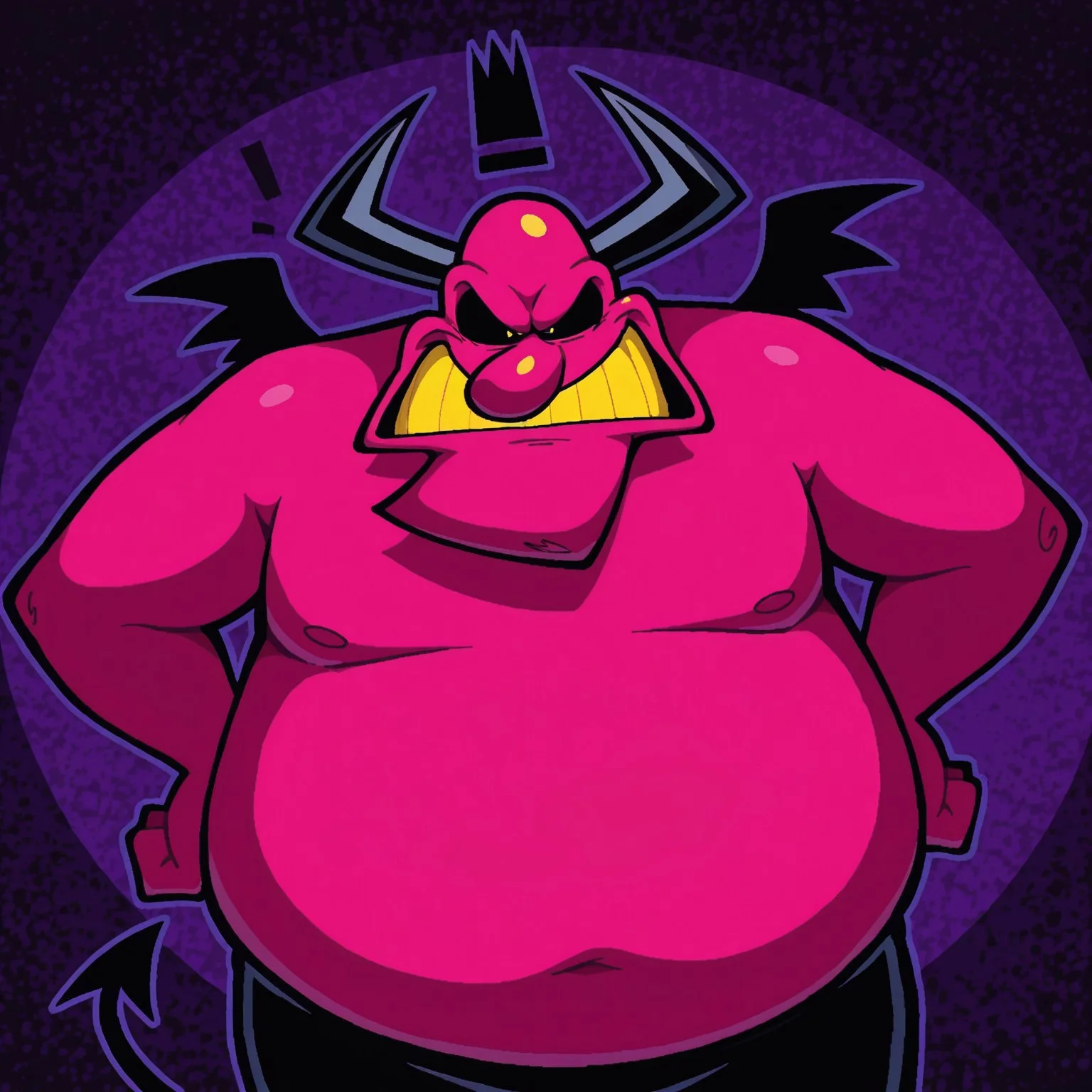 1boy, 2d, solo, ABSatan, demon, big nose, male, bald, dark pink skin, black horns, black sclera, yellow eyes, yellow teeth, small black wings, black fingernails, black tail, black legs, black lower body, plump body, overweight male, floating black crown,
BREAK irritated, looking at viewer, fists on hips, abstract background, upper body focus
BREAK best quality, amazing quality, very aesthetic, absurdres, newest, masterpiece