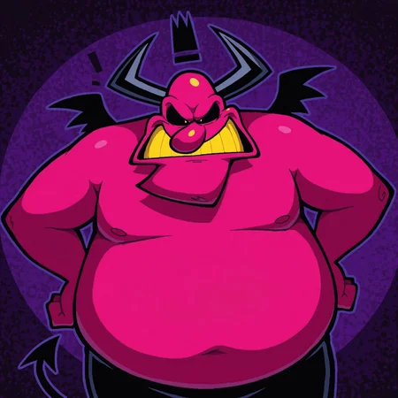 1boy, 2d, solo, ABSatan, demon, big nose, male, bald, dark pink skin, black horns, black sclera, yellow eyes, yellow teeth, small black wings, black fingernails, black tail, black legs, black lower body, plump body, overweight male, floating black crown,
BREAK irritated, looking at viewer, fists on hips, abstract background, upper body focus
BREAK best quality, amazing quality, very aesthetic, absurdres, newest, masterpiece