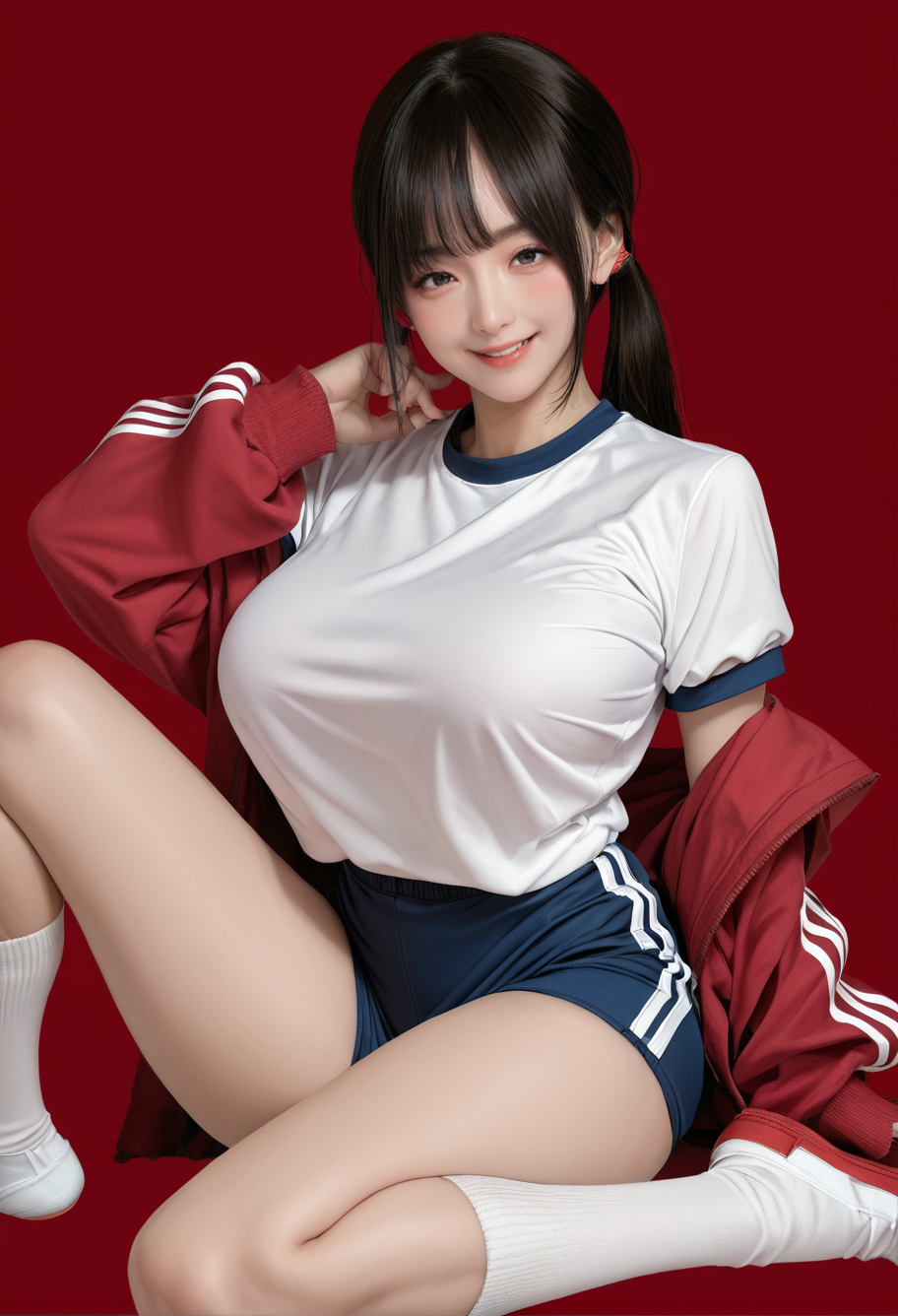 1girl,red background,,ruanyi0938,blue shorts,gym uniform,red jacket,open jacket,white socks,<lora:0938 physical education class_v1_pony:1>, score_9, score_8_up, score_7_up, score_6_up, score_9, score_8_up, score_7_up, score_6_up source_anime, blush, 1girl, seduce smile, perfect body , natural huge breasts