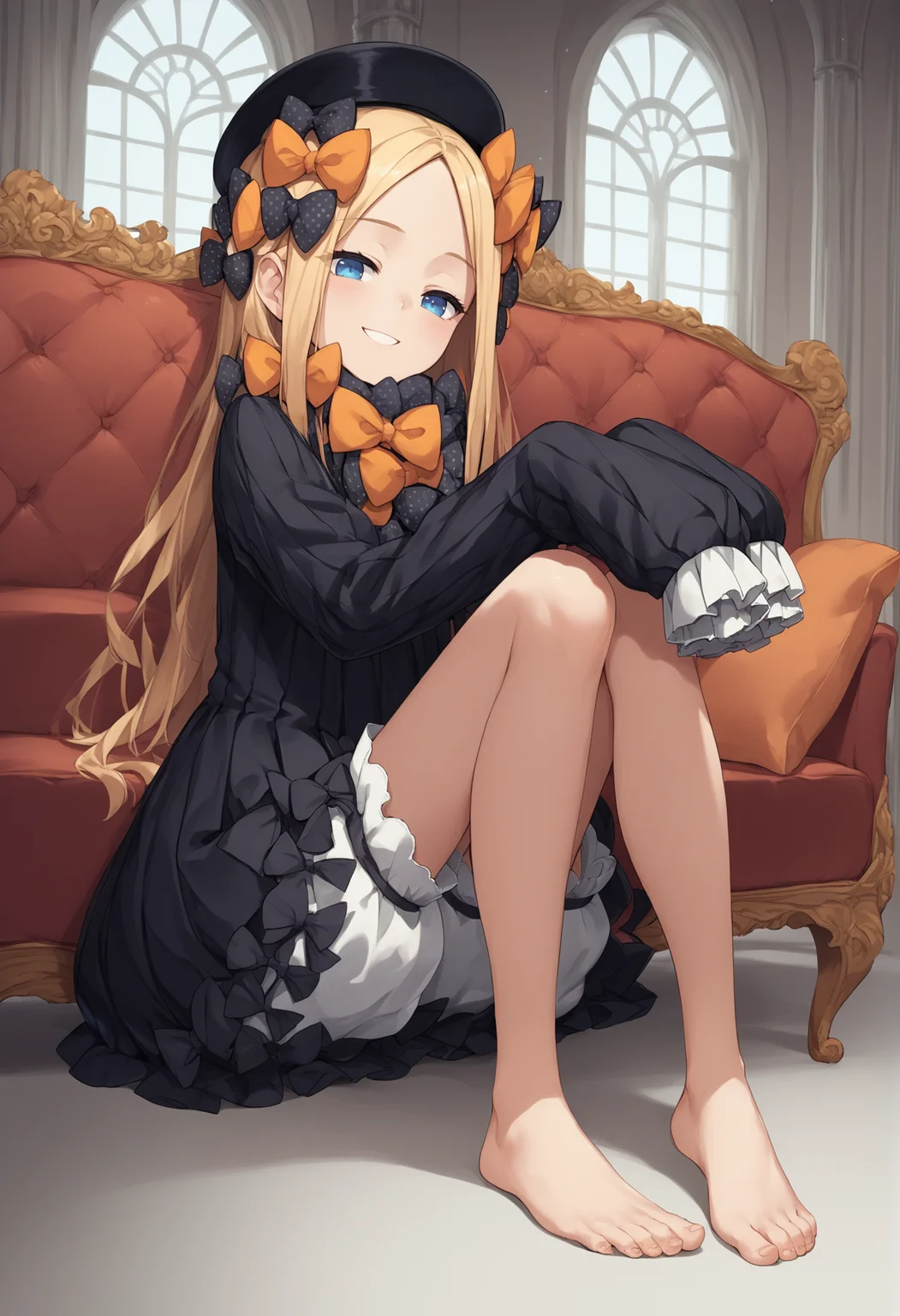 1girl, blonde hair, long hair, blue eyes, forehead, sidelocks, parted bangs, hair bow, polka dot bow, orange bow, black dress, long sleeves, sleeves past wrists, sleeves past fingers, bloomers, hat, sitting, indoors, couch, seductive smile, barefoot, head on knee, mansion <lora:abby_xl:1>, score_9, score_8_up, score_7_up, score_6_up, score_5_up, score_4_up, BREAK source_anime, masterpiece