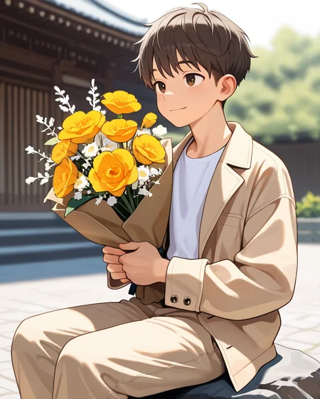 masterpiece, best quality, amazing quality, 1boy, solo, masterpiece, best quality, young man sitting on a rock, relaxed posture, casual outfit (beige jacket, white t-shirt, beige trousers), short dark hair, holding a small bouquet of flowers, slight smile, looking at the camera, outdoor setting, blurred background with architecture, candid lifestyle photography, shallow depth of field, bright and even lighting, sunny day, volumetric lighting, breeze style
<lora:Bree_Style_Hv1:0.6>