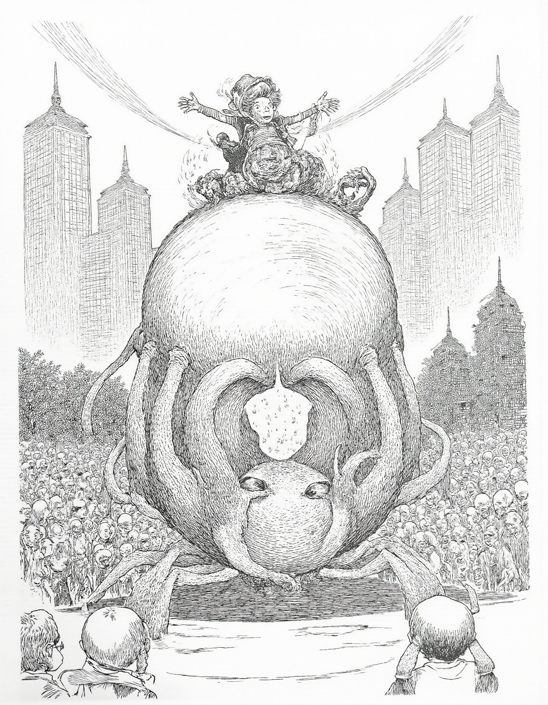 <lora:mig4v:1>, This black-and-white drawing, likely created using pen and ink, depicts a fantastical scene filled with whimsical and grotesque elements. At the center of the image is a large, monstrous creature resembling a cross between a crab and a dragon, with multiple legs and a bulbous, segmented body. The creature's texture is detailed with intricate lines and shading, giving it a rough, scaly appearance. 
Perched on top of the creature is a small child, who appears to be having fun despite the monstrous surroundings. The child, with a wide-eyed expression, is wearing a striped shirt and a hat, adding a touch of normalcy amidst the chaos. The child's legs are splayed, and they appear to be holding onto the creature's back.
Surrounding the scene are a group of onlookers, who are watching the child and the creature with a mix of curiosity and fear. The onlookers are drawn in a simple, cartoonish style, with exaggerated facial expressions and basic outlines. The background features a cityscape with tall, blocky buildings, suggesting an urban setting. The overall mood of the drawing is whimsical and surreal, blending elements of horror and fantasy.