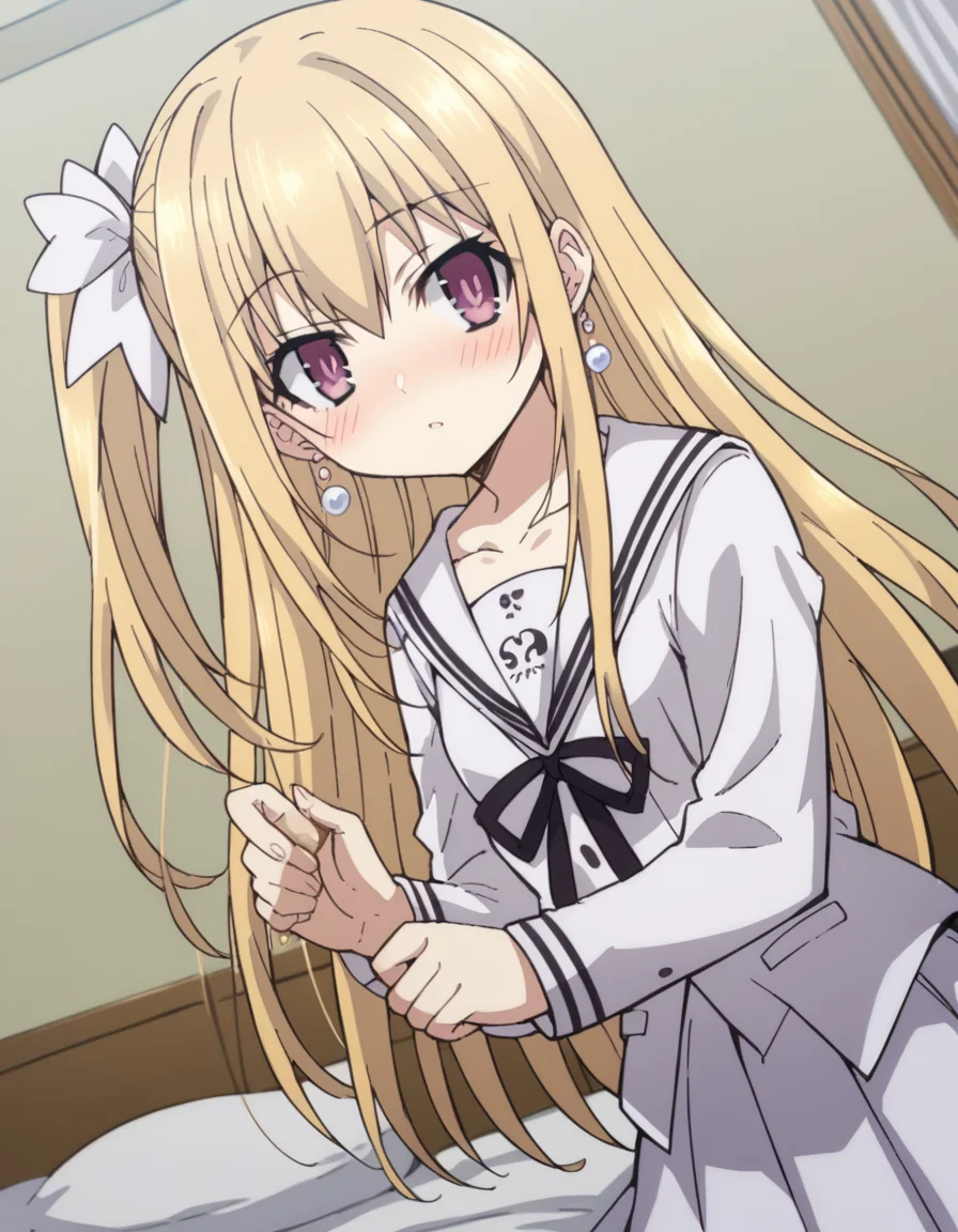 score_9, score_8_up, score_7_up, source_anime,
dalmayuri, <lora:dal-mayuri-movie-ponyxl-lora-nochekaiser:1>,
mayuri, long hair, blonde hair, hair between eyes, hair bow, one side up, bow, purple eyes,
shirt, ribbon, jewelry, school uniform, collarbone, earrings, serafuku, black ribbon, neck ribbon, skirt, white skirt, pleated skirt,
indoors, bed, bed room, on side, blush, drunk,
solo, dutch angle, looking at viewer, cowboy shot,