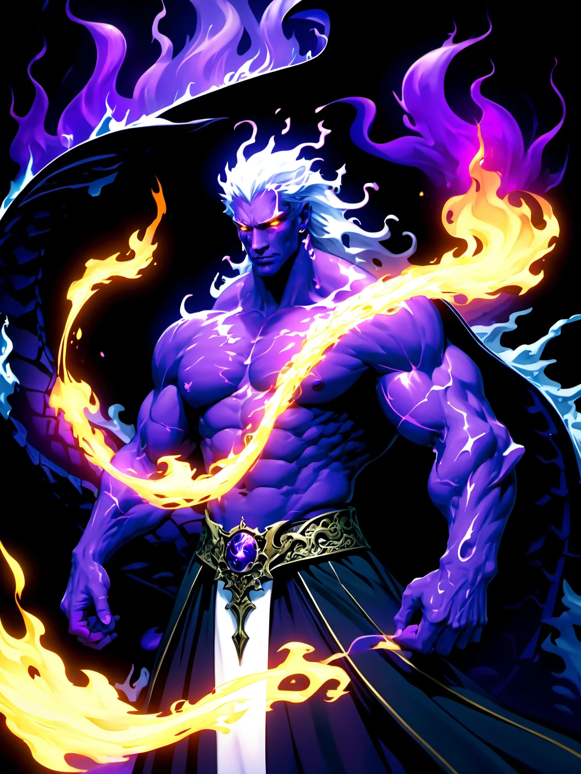 Ambient Occlusion, muscular male, detailed face, black eyes, looking at viewer,,, (Height, Tall and imposing, above average height, a warrior and king:1), (Build, Strong and muscular, a powerful physique honed through years of combat and leadership:1), (Hair, Long, silver-gold hair, worn loose or flowing, striking and ethereal appearance:1), (Eyes, Violet or lilac eyes, exuding a piercing, almost otherworldly quality:1), (Skin, Pale complexion, emphasizes his unique and otherworldly presence:1),, <lora:R0k00Gl0w1ngHD:1.1>,R0k00Gl0w1ngHD,style,(glowing_eyes, glowing, glowing_eye:1.1),, Dragon-Human aura concept art,  a dynamic and awe-inspiring concept, embodies immense power, majesty, and primal nature. Aura: based on the type of celestial, alignment benevolent.  (Shadow: Deep blacks and purples, with smoky tendrils and void-like distortions:1). Motion & Shape: Swirling Energy: An aura that spirals or flows like a storm, showcasing raw power. Tendrils and Waves: (flames, frost, shadow). Lighting Effects: Glowing Highlights: Parts of their bodyâsuch as eyesglow with the aura's color. Dynamic Shadows: Environmental Effects: The aura influences the surroundings, such as igniting nearby objects, frosting the ground, or distorting the air. (Dragon theme, dragon motifa:0.7),