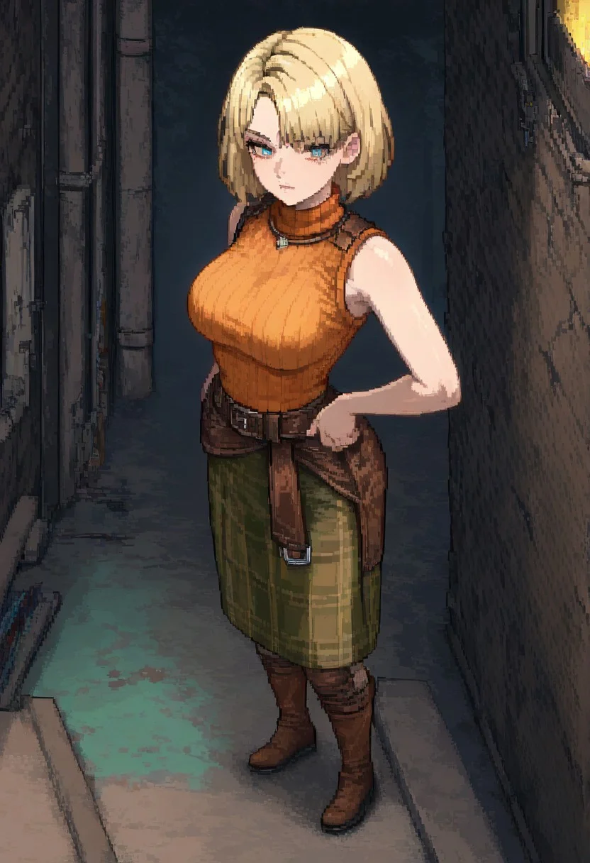 masterpiece, best quality, newest, absurdres, highres, PCSVIL-V1.0, pixel art, 1girl, ashley graham (resident evil), blonde, orange shirt, blonde hair, orange sweater,
sleeveless, sleeveless sweater, sleeveless tutrleneck, turtleneck, short hair, curtained hair,