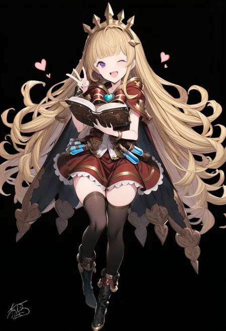masterpiece, best quality, ultra-detailed, beautiful, nai3, 1girl, solo, full_body, tachi-e,
cagliostro \(granblue fantasy\), 1girl, ;d, arm guards, black footwear, black thighhighs, blonde hair, blunt bangs, blush, book, boots, bracelet, cape, full body, glowing, heart, holding, holding book, jewelry, knee boots, knees together feet apart, liquid, long hair, looking at viewer, one eye closed, open book, open mouth, purple eyes, red ribbon, red skirt, ribbon, signature, simple background, skirt, smile, solo, test tube, thighhighs, v, very long hair, white background