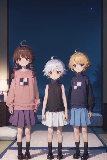 score_9,score_8_up,score_7_up,high quality,masterpiece,perfect dim light,3 young teenage girls standing in a japanese bedroom((3girls)),night,carpet,girls are facing the viewer,
BREAK madotsuki,pink sweater,twin braids,braids,brown hair,purple skirt,(brown eyes),<lora:madotsuki-ponyxl-lora-nochekaiser:1>,
BREAK short hair, white hair, sleeveless, sleeveless turtleneck,white skirt,red eyes,tall,<lora:Sabitsuki:1> ,
BREAK short hair, skirt, blonde hair, purple turtleneck,light blue skirt,blue eyes,black sleeves,<lora:Urotsuki:1>,