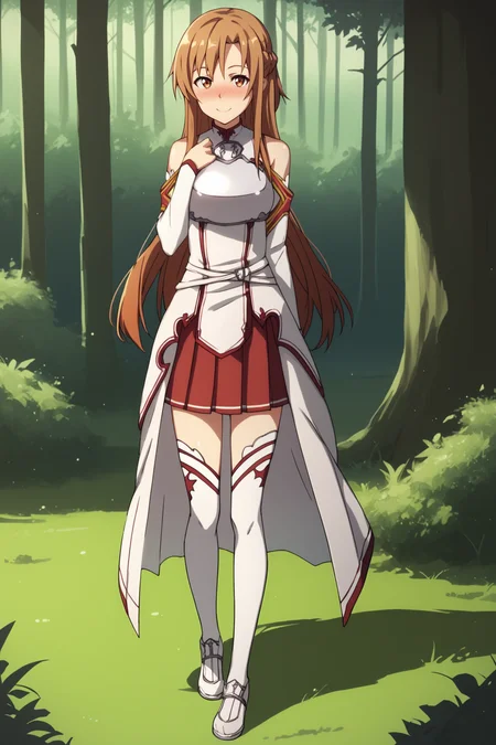 score_9, score_8_up, score_7_up, score_6_up, BREAK, AsunaSAOPXL, brown eyes, brown hair, long hair, bangs, french braid, medium breasts, white dress, breastplate, detached sleeves, white sleeves, red skirt, pleated skirt, white thighhighs, white shoes, solo, full body, standing, seductive smile, looking at viewer, naughty face, nose blush, forest, tree <lora:AsunaSAOPXL:1>