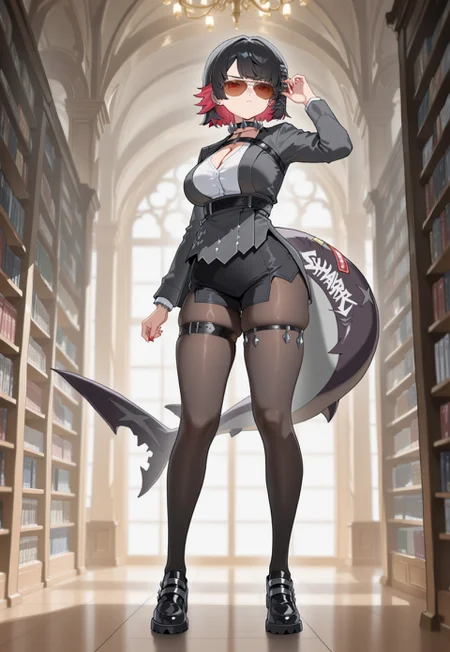 lazypos, 1girl, solo, thick thighs, skindentation, cleavage, full body, (sagging breasts:0.6),
tuxedo, library, aviator glasses, dynamic pose, indoors,
zellen joe, ellen joe, shark girl, shark tail, black tail, mole, mole under eye, short hair, two-tone hair, multicolored hair, colored inner hair, black hair, red hair, red eyes, large breasts,
